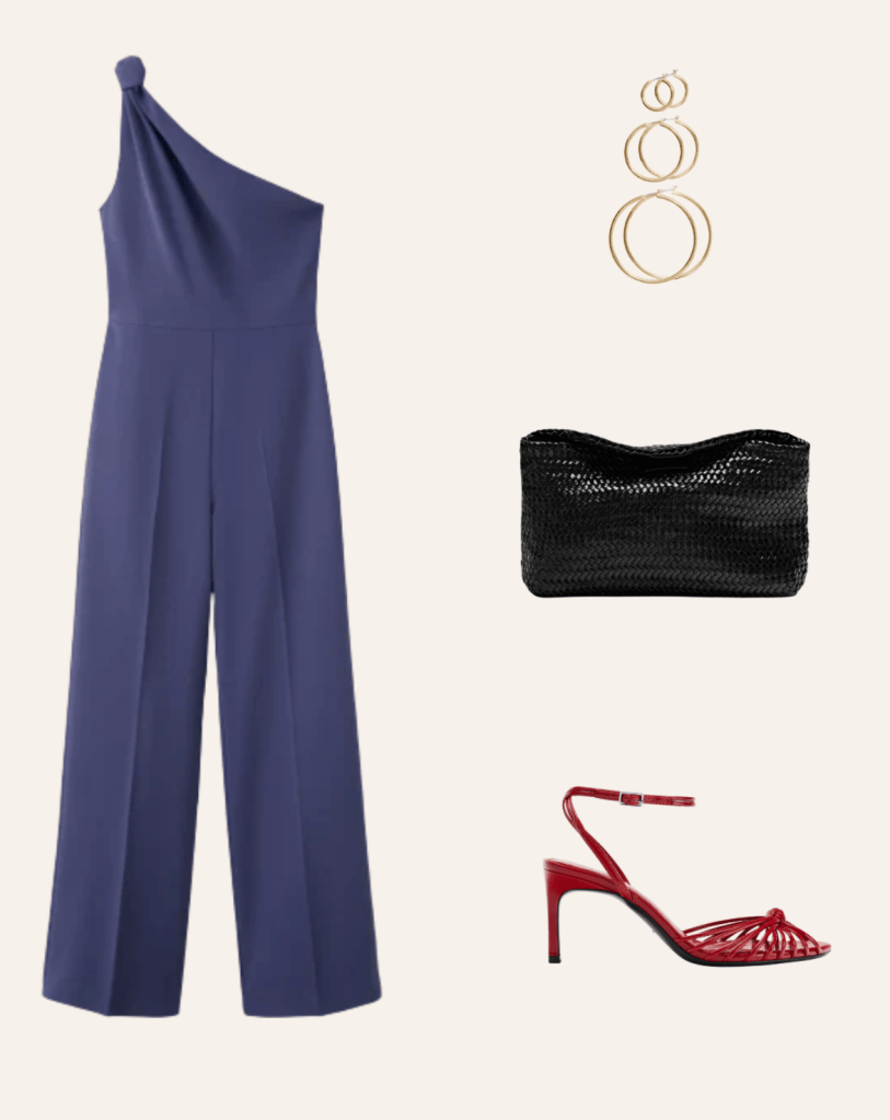 Blue one-shoulder jumpsuit with gold hoop earrings, black woven clutch and red heeled sandals