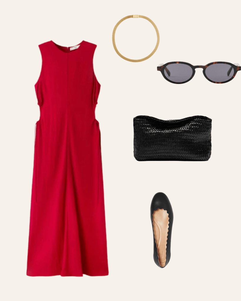 Red cut-out midi dress with gold collar necklace, tortoise sunglasses, black woven clutch and black ballet flats