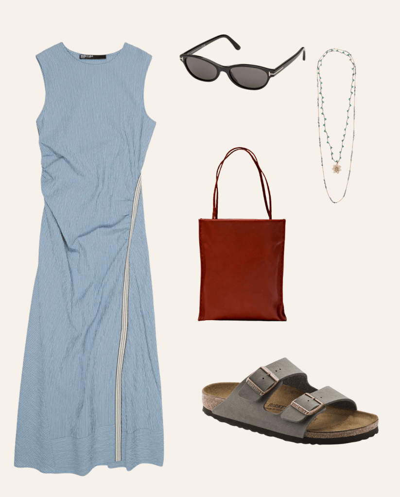 Blue and white striped midi dress with black sunglasses, beaded necklaces, red tote and grey Birkenstock sandals