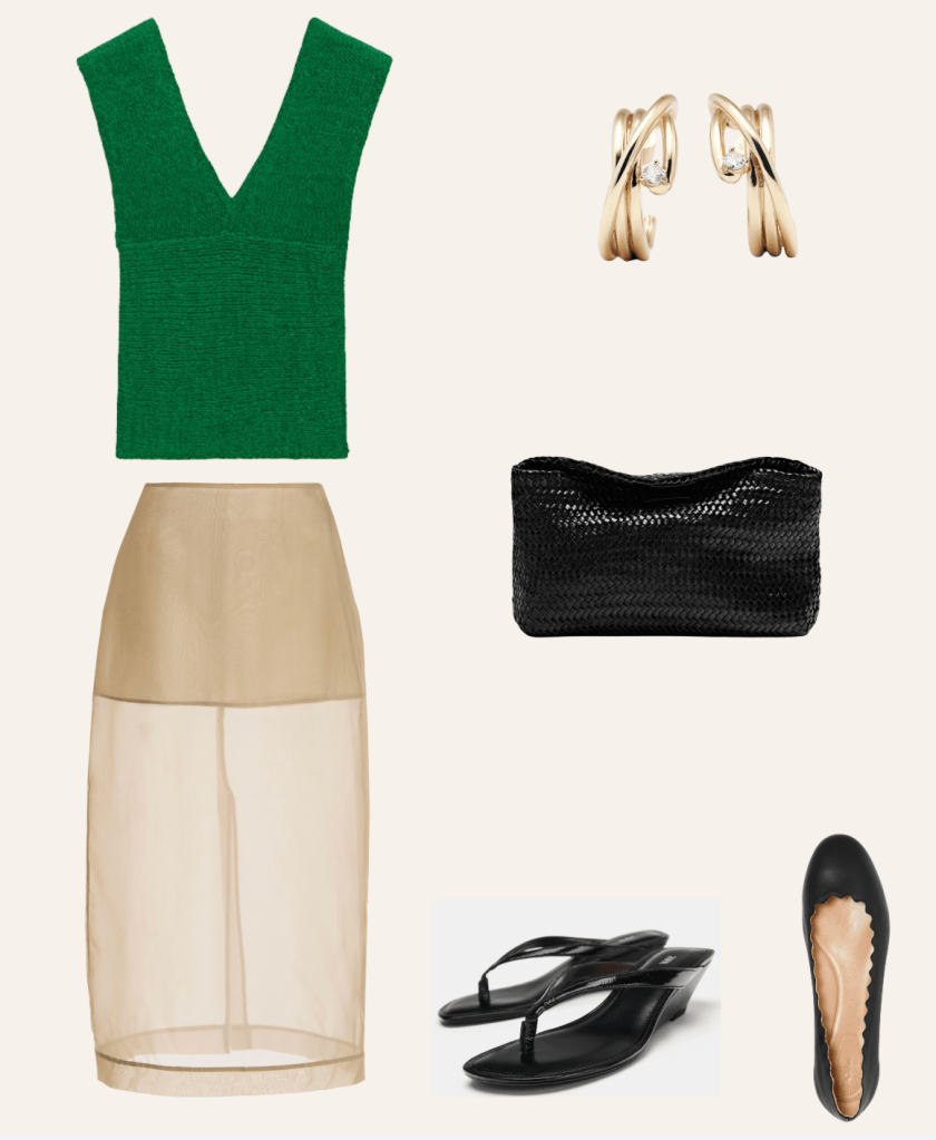 Green knitted vest top with sheer nude midi skirt, gold earrings, black woven clutch, black thong sandals and black ballet flats