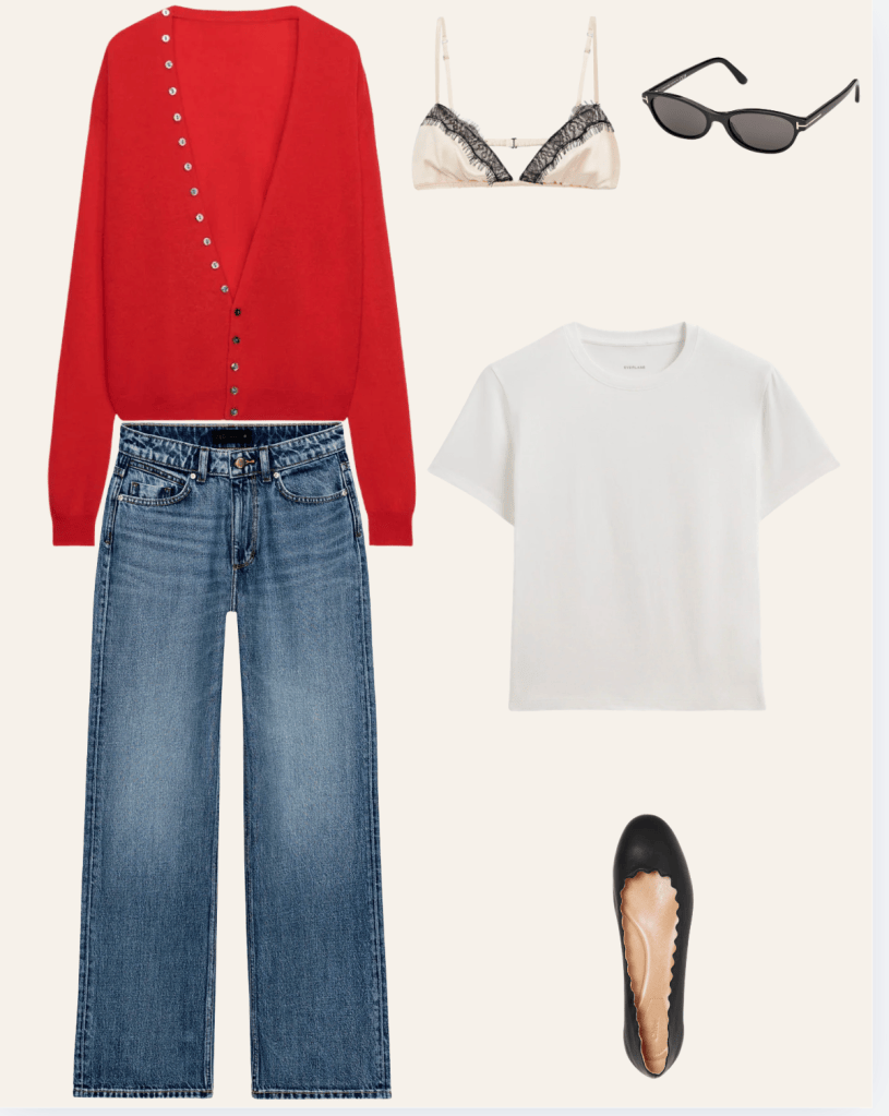 Red button cardigan with wide-leg blue jeans, white t-shirt, lace bralette, black sunglasses and black ballet flats