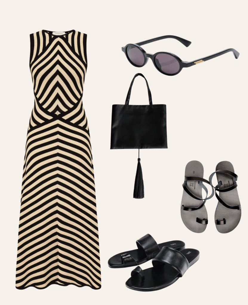 Black and cream chevron striped knit midi dress with oval sunglasses, black tote with tassel and black flat sandals