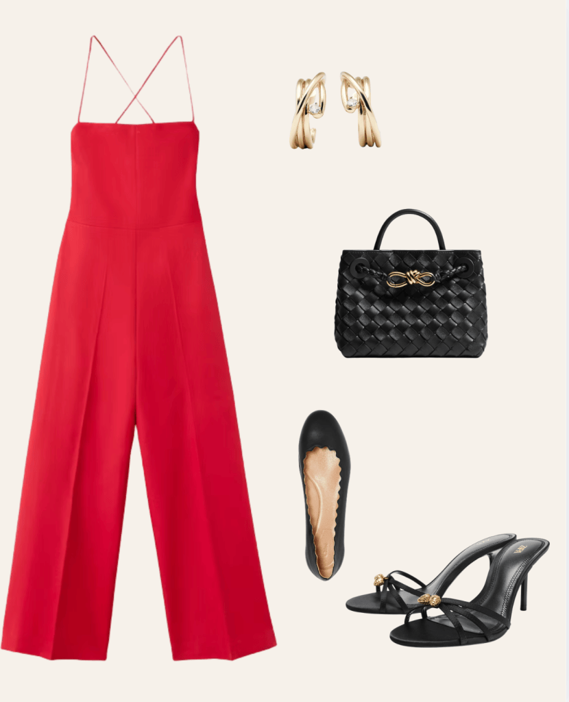 Red wide-leg jumpsuit with gold earrings, black woven top-handle bag, black ballet flats and black heeled mules