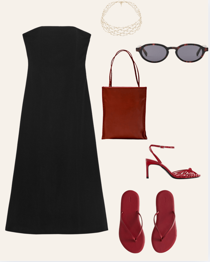 Black strapless midi dress with gold choker, tortoise sunglasses, red tote, red heeled sandals and red flip flops