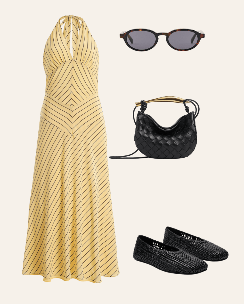 Pale yellow striped halter midi dress with tortoise sunglasses, black woven bag and black woven flats