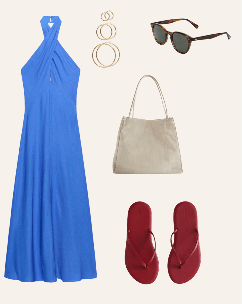 Cobalt blue halter midi dress with gold hoop earrings, tortoise sunglasses, linen tote and red flip flops