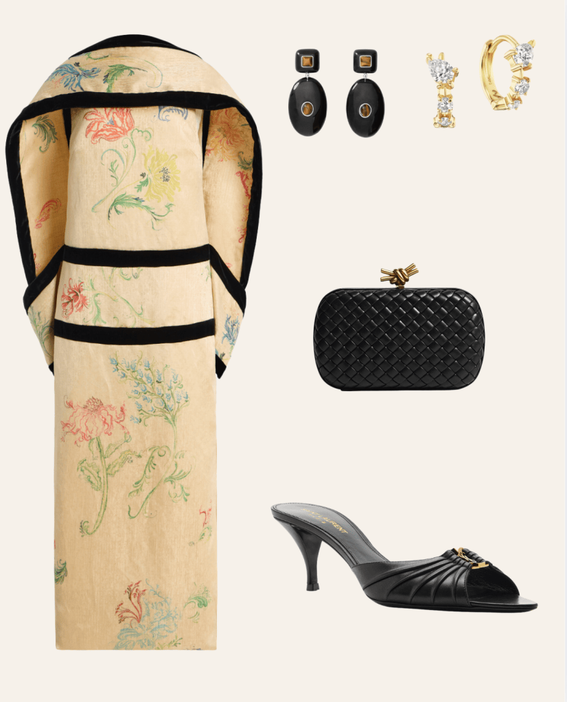 Cream floral print kimono dress with black trim, statement earrings, black woven box clutch and black heeled mules