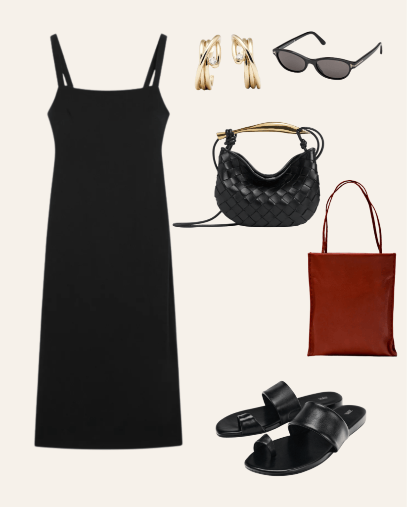 Black strappy midi slip dress with gold earrings, black sunglasses, black woven bag, red tote and black flat sandals