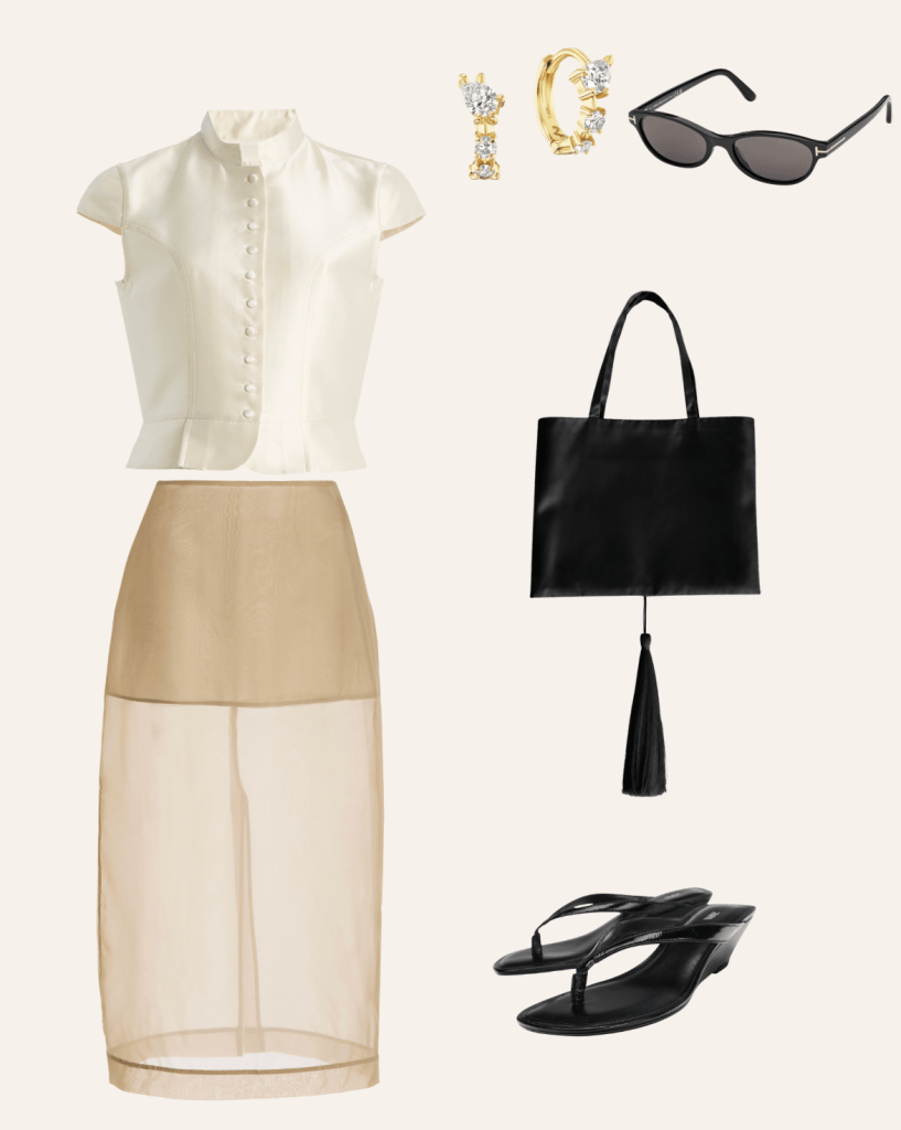 Cream structured button top with sheer nude midi skirt, diamond earrings, black sunglasses, black tote with tassel and black wedge sandals