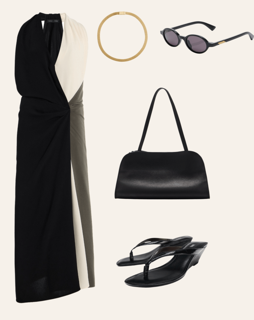 Black, cream and olive colour-block halter maxi dress with gold collar necklace, black sunglasses, black shoulder bag and black wedge sandals
