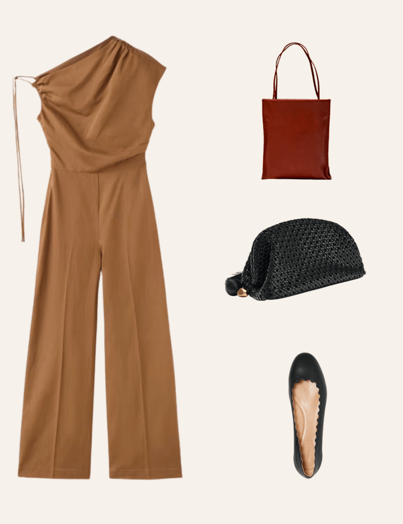 Camel linen jumpsuit with red leather tote, black woven clutch and black ballet flats